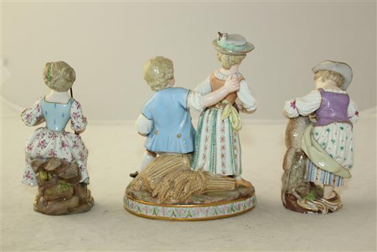 Two Meissen figures and a similar group, 19th century, 12.5cm, some damage